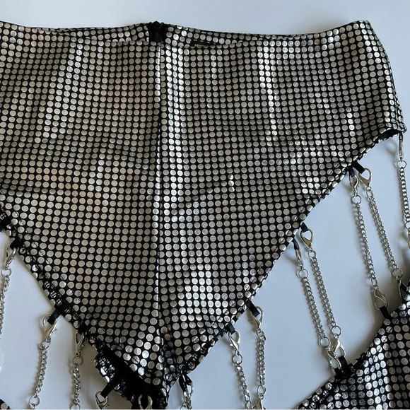 Finesse Sadie Cut-Out Metallic Silver Flare Pants Disco Chains Sz M Burning Man - Picture 7 of 13